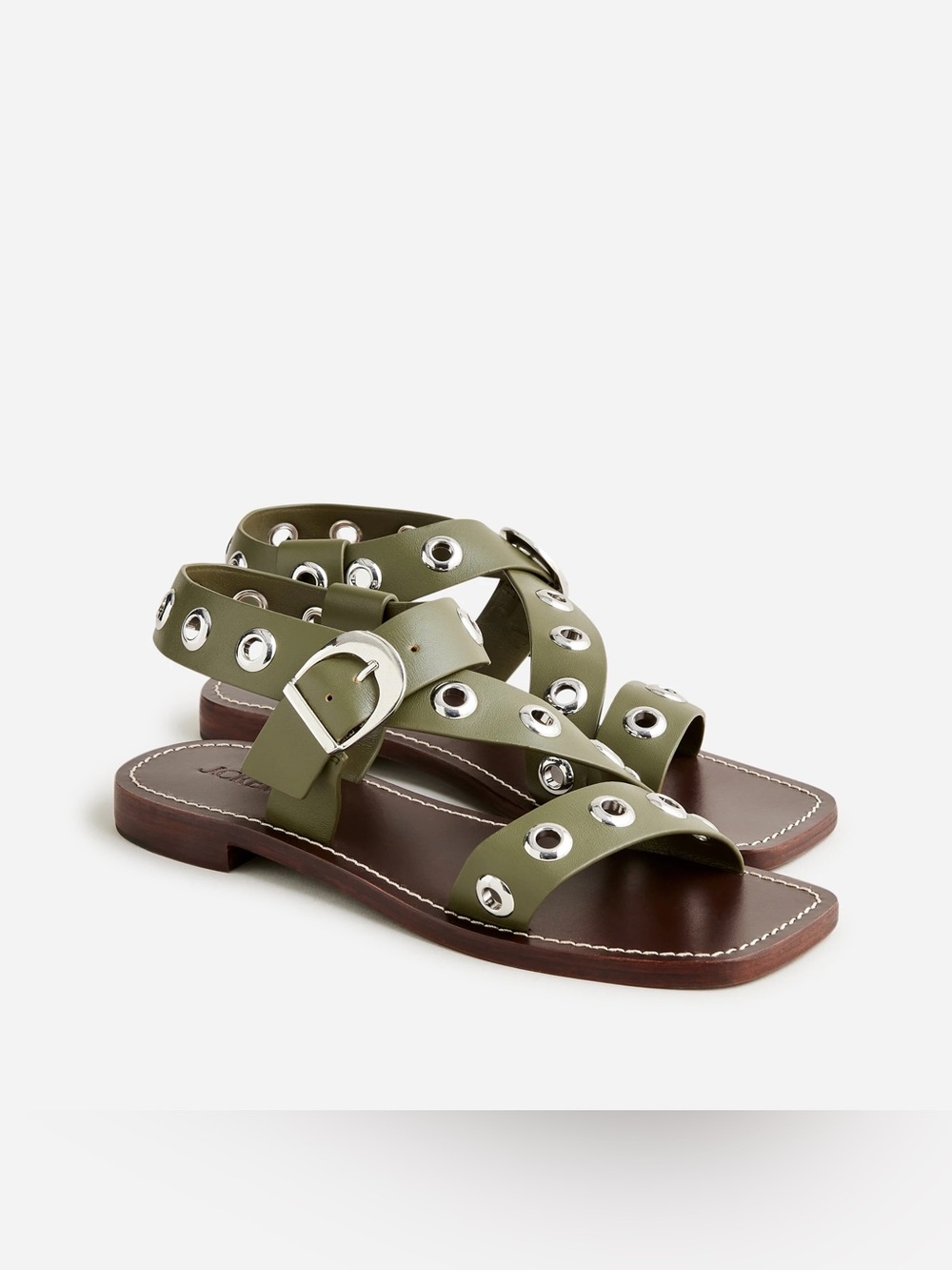 Grommet cross-strap sandals in leather (Sz 9) Army Green & Silver Hardware